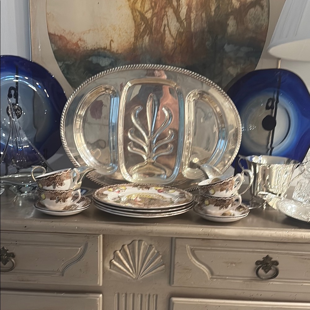 Silver Platter and Floral Teacup Set